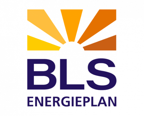 Logo von BLS Energieplan mit Sonnenstrahlen in Gelb und Orange über dem Schriftzug.
