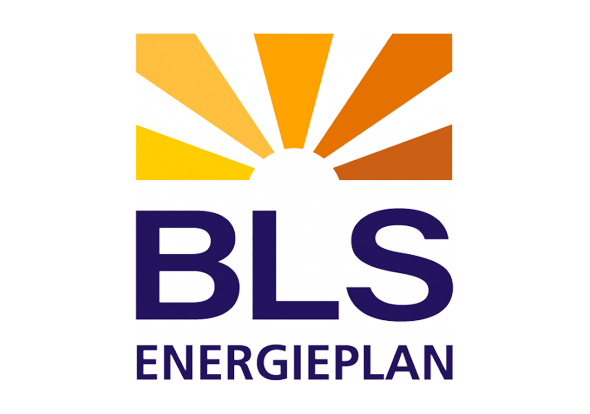 Logo von BLS Energieplan mit Sonnenstrahlen in Gelb und Orange über dem Schriftzug.