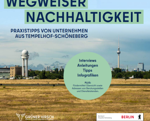 Deckblatt der Broschüre "Wegweiser Nachhaltigkeit", mit dem Tempelhofer Feld im Hintergrund als eines der Wahrzeichen des Bezirks Tempelhof-Schöneberg.