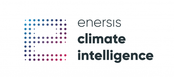 Das enersis-Logo hat ein gepunktetes, freigestelltes "e" und dazu den schwarzen Schriftzug "enersis climate intelligence"